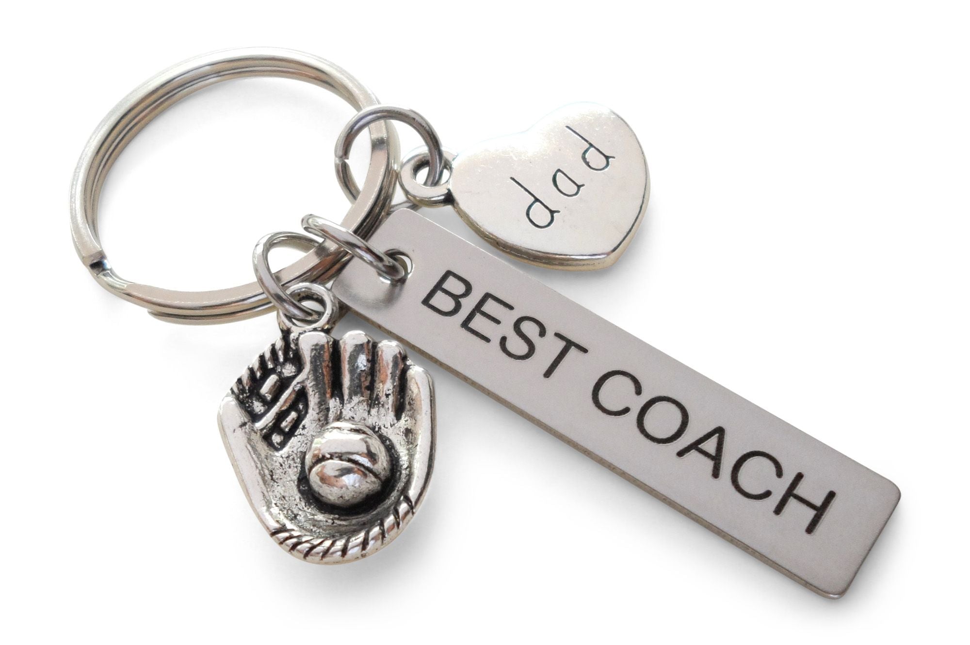 Dad Best Coach Engraved Tag Keychain with Baseball Glove Charm