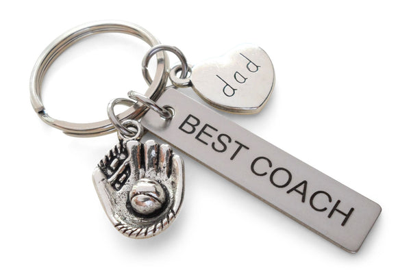 Dad Best Coach Engraved Tag Keychain with Baseball Glove Charm, Fathers Sport Charm Keychain