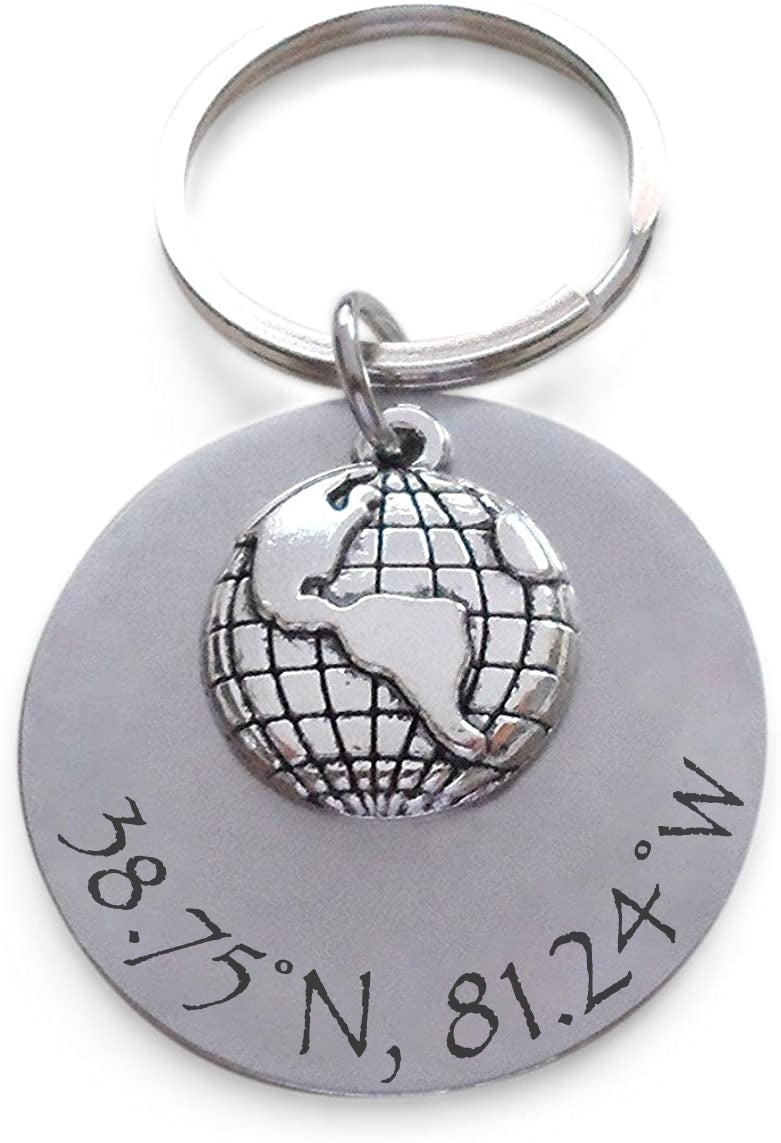 Custom World Globe Keychain with Engraved Aluminum Disc for Coordinates or Text, Couples or Best Friends Anniversary Keychain
