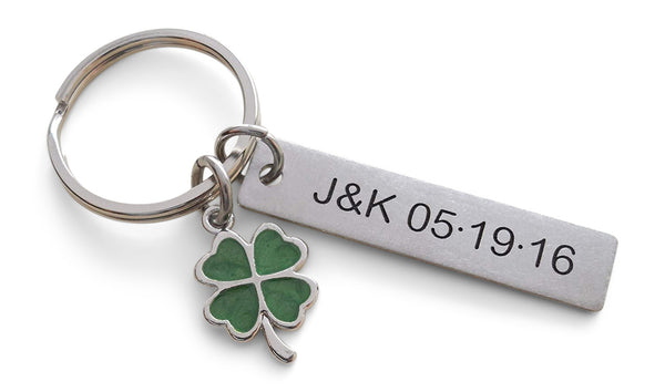 Personalized Stainless Steel Tag Keychain and Green Clover Charm, Custom Engraved Keychain; Couples Keychain, Anniversary Keychain