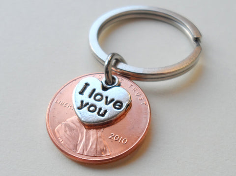 12 Year Anniversary Gift • 2010 Penny Keychain w/ "I Love You" Heart Charm by Jewelry Everyday
