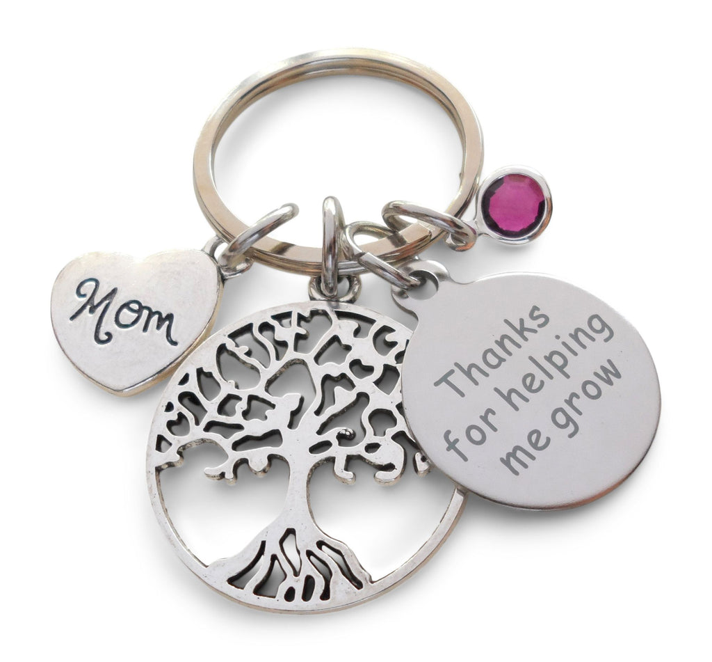 Custom Mom Tree Keychain with a Thanks for Helping Me Grow Disc Charm and Birthstone Charm Option, Gift for Mom or Gift for Grandma