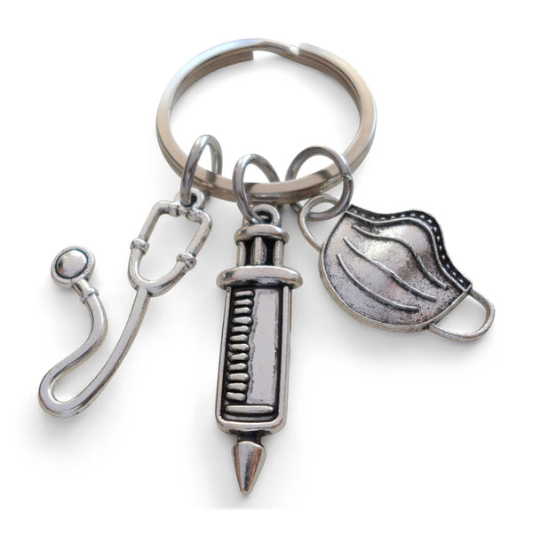 Small Stethoscope, Syringe, & Face Mask Charm Keychain, Medical Professional Charm Keychain, Nurse Appreciation Keychain