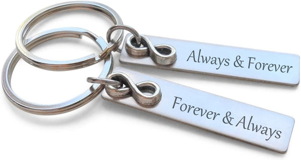 Couples Keychains Set, Infinity Charm and Engraved Steel Tag, Forever & Always, Always & Forever, Anniversary Keychains