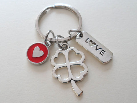 Clover Charm Keychain with Love Tag Charm and Red Circle Charm with a Heart Shape - Lucky to Have You, Couples Keychain