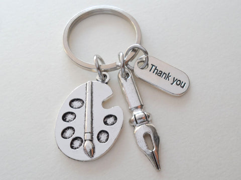 Art Palette Charm Keychain with Calligraphy Pen Charm, & "Thank You" Tag Charm, Art Teacher Keychain