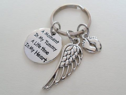 A Moment in My Tummy A Lifetime in My Heart, Baby Memorial Keychain, Feet Charm & Wing Charm