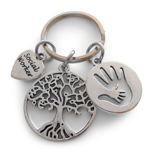 Social Worker Gift Keychain with Tree and Hand in Hand Disc Charm, Community Advocate Gift, Thank you Gift