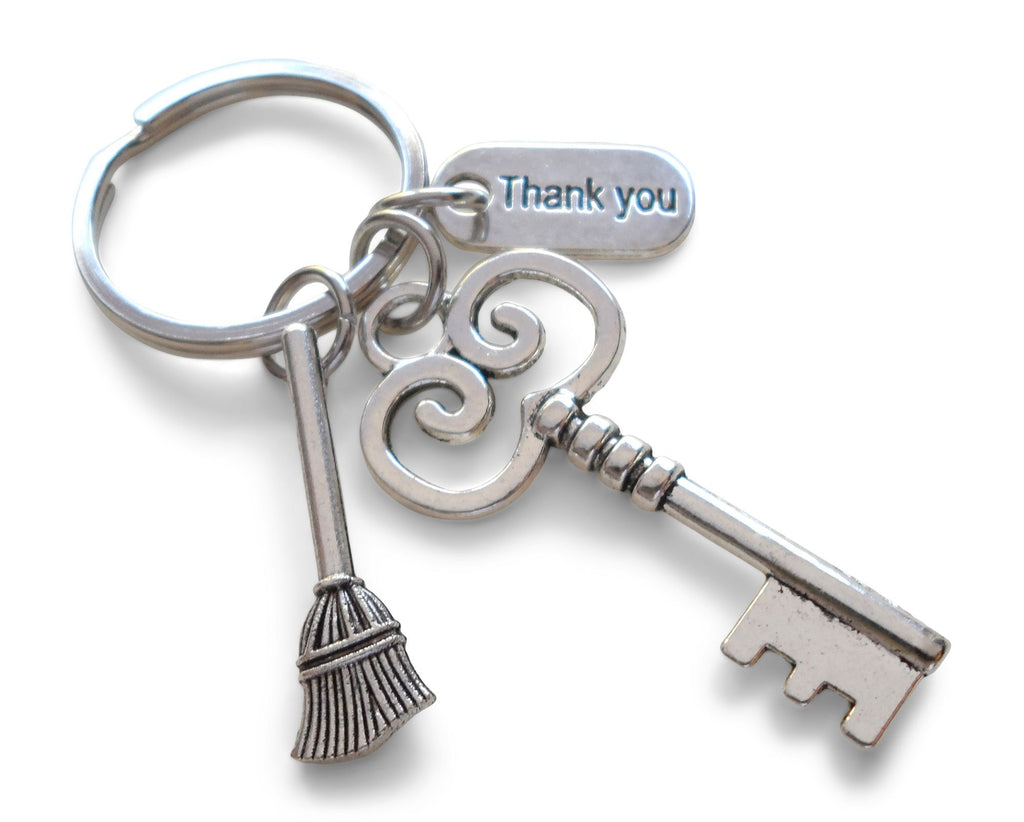 Housekeeping Appreciation Gift Keychain; Key, Broom, & Thank You Charm Keychain