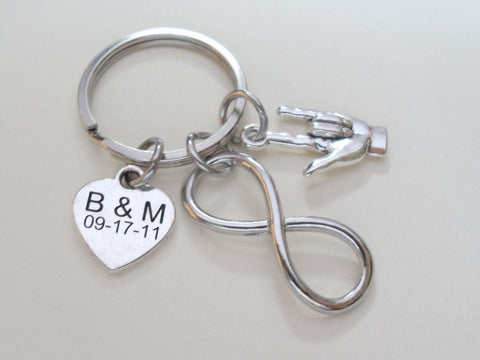 Custom Infinity Charm Keychain with ASL I Love You Hand Charm & Engraved Tag for Couples or Best Friends Initials, Anniversary Gift Keychain