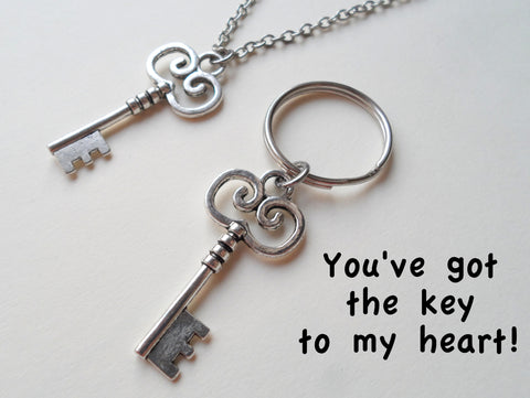 Key Charm Necklace and Keychain Set - You've Got The Key To My Heart