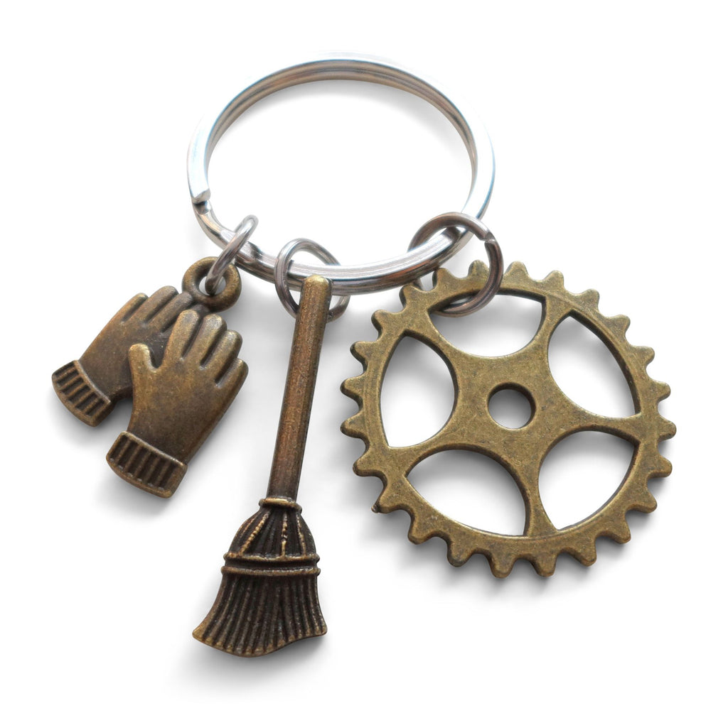 Housekeeping Appreciation Gift Keychain; Bronze Gear, Broom, & Work Gloves Charm Keychain