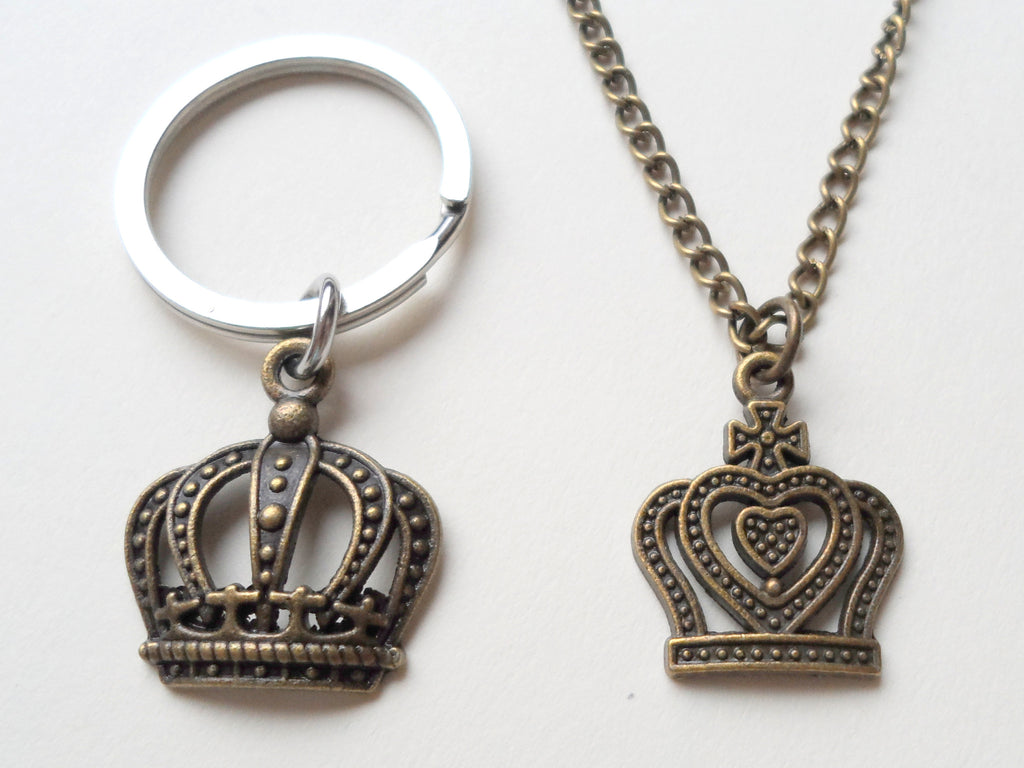 King And Queen Crown Necklace & Keychain Set