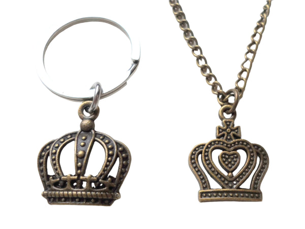 King And Queen Crown Necklace & Keychain Set