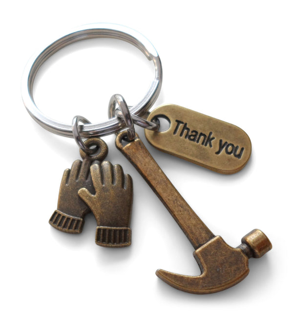 Bronze Hammer, Work Gloves, & Thank You Charm Keychain, Builder or Volunteer Appreciation Keychain