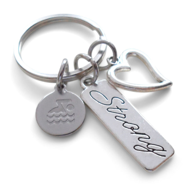 Swimmer Charm, Strong Tag, and Heart Charm Keychain, Swim Keychain, Swimming Fitness Encouragement Keychain