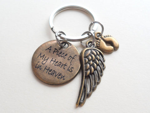 A Piece of My Heart is in Heaven Baby Feet Charm Memorial Keychain, Bronze Engraved Disc, Feet, & Wing Charm