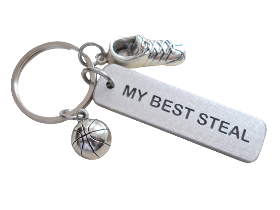 "My Best Steal" Engraved on Aluminum Tag Keychain With Basketball & Sneaker Shoe Charm, Basketball Player Keychain