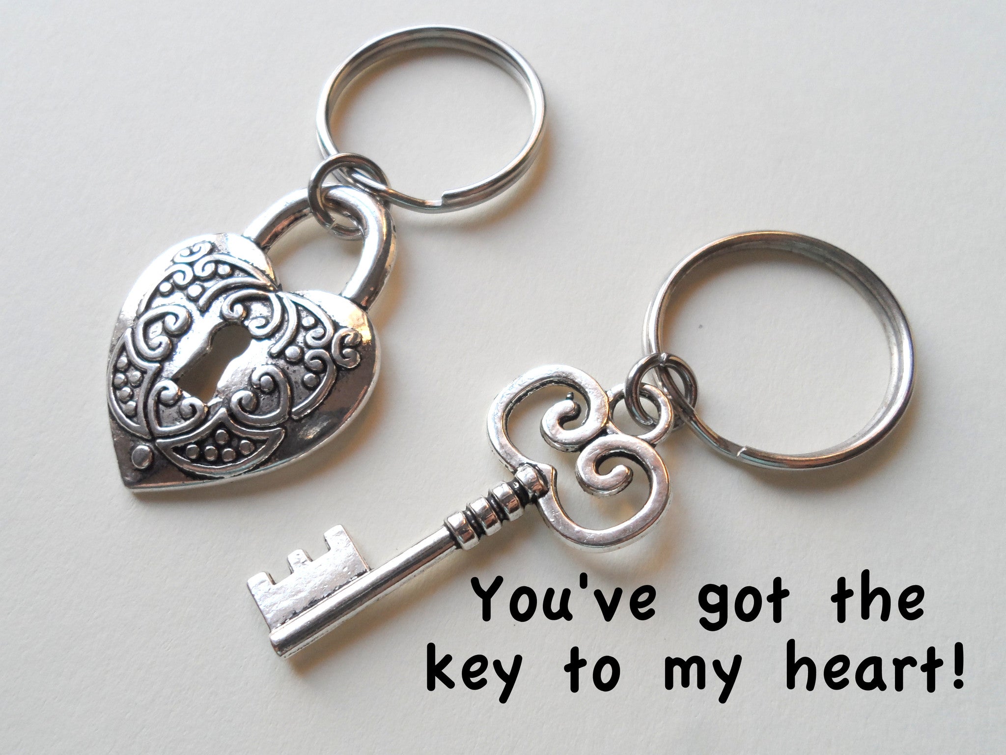 JewelryEveryday Large Key and Heart Lock Keychain Set Silver / No Customization