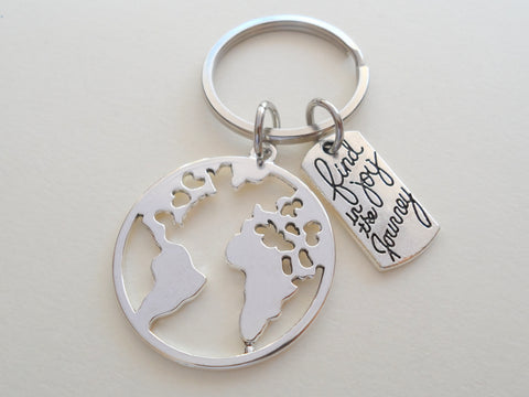 Cutout World Globe Charm Keychain with Find Joy in the Journey Charm