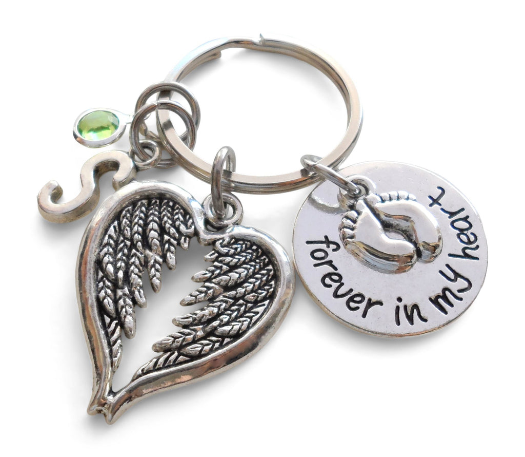 Custom Forever in My Heart Disc & Baby Feet Charm Keychain with Wings Charm, Letter Charm and Birthstone Charm, Infant Loss Gift, Miscarriage Stillborn, Memorial Keychain