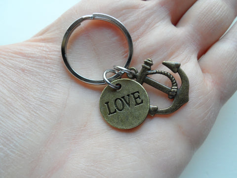 Bronze Anchor Keychain with Love Disc Charm - You're the Anchor in my Life; Couples Keychain