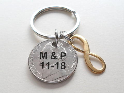 Custom Nickel Keychain with Solid Brass Infinity Charm, 21 Year Anniversary Gift, Husband Wife Key Chain, Boyfriend Girlfriend Gift, Customized Couples Keychain