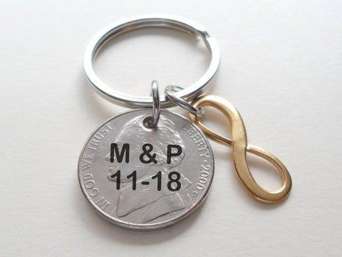 Custom 2002 Nickel Keychain with Solid Brass Infinity Charm, 21 Year Anniversary Gift, Husband Wife Key Chain, Boyfriend Girlfriend Gift, Customized Couples Keychain