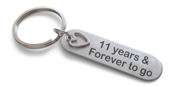 Rounded Edge Steel Tag Keychain with Heart Charm, Engraved "11 Years & Forever to Go", Couples Anniversary Keychain