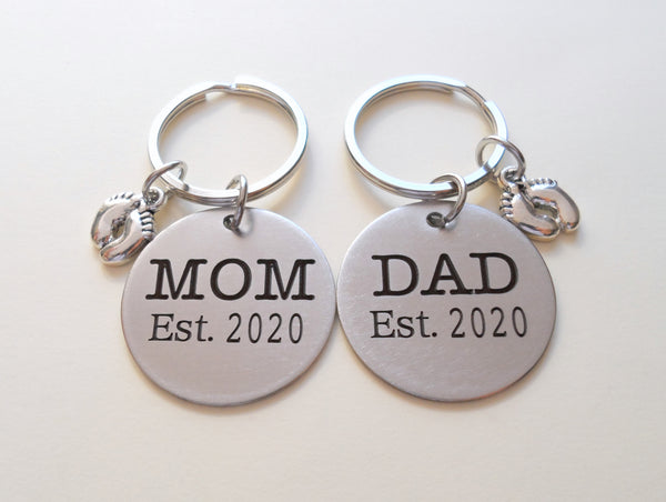 Dad Est. 2020 Disc Keychain & Mom Est. 2020 Disc Keychain with Baby Feet Charm; Father's Keychain, Mother's Keychain