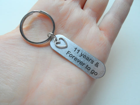 Rounded Edge Steel Tag Keychain with Heart Charm, Engraved "11 Years & Forever to Go", Couples Anniversary Keychain