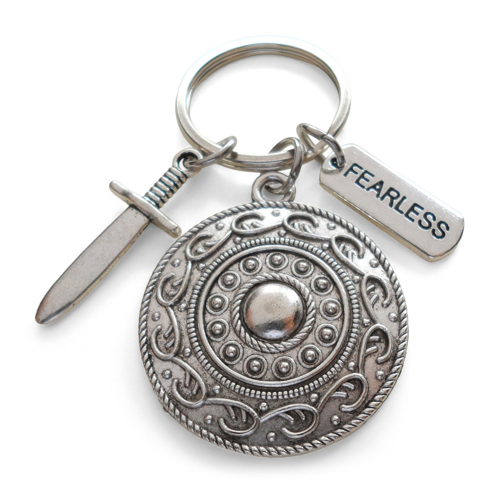 Shield, Sword, & Fearless Charm Keychain, Knight Keychain, Warrior Keychain, Fantasy Keychain