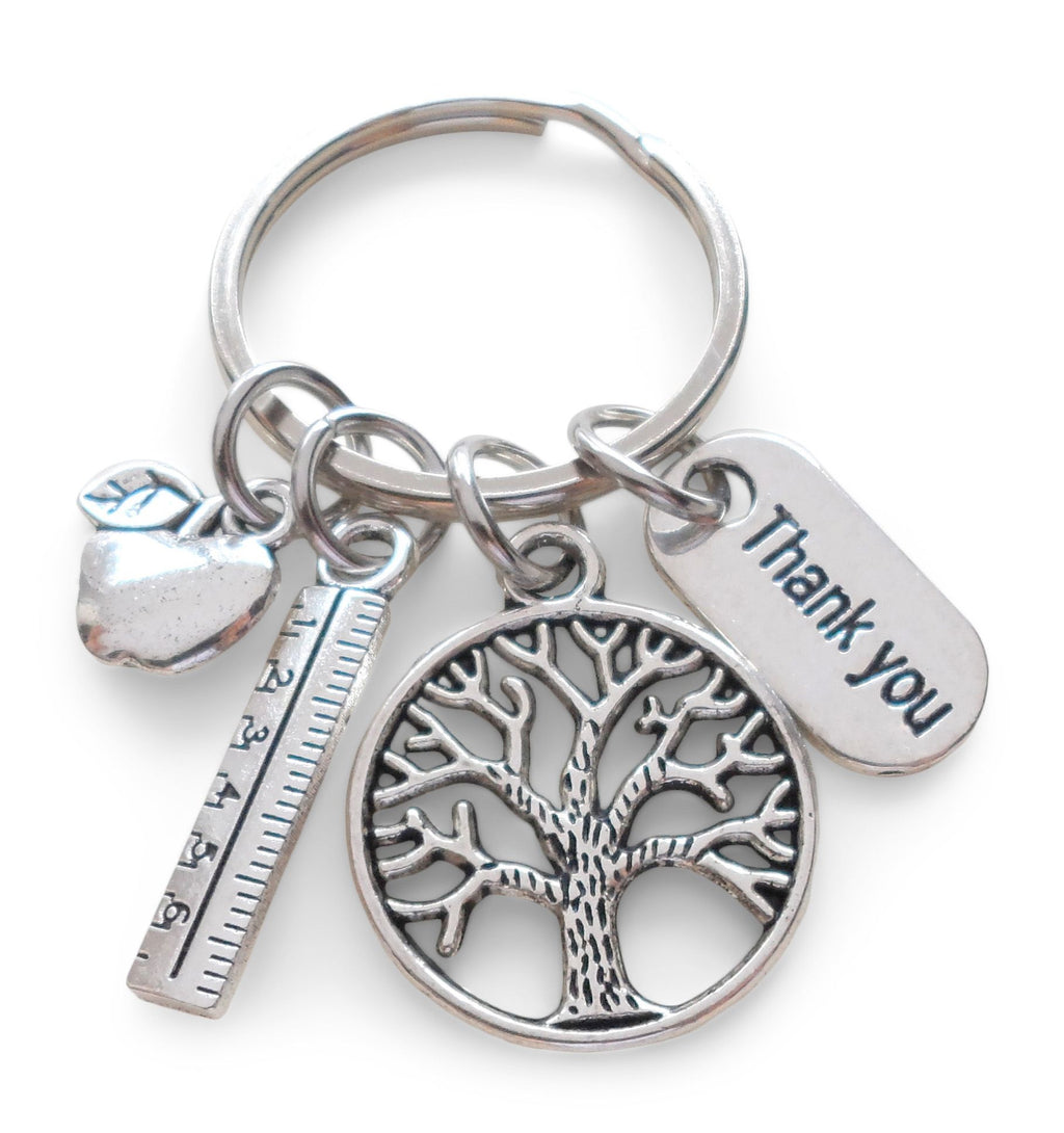 Small Tree Keychain Appreciation Gift, With Ruler, Apple & Thank You Charm - Thanks for Helping Me Grow