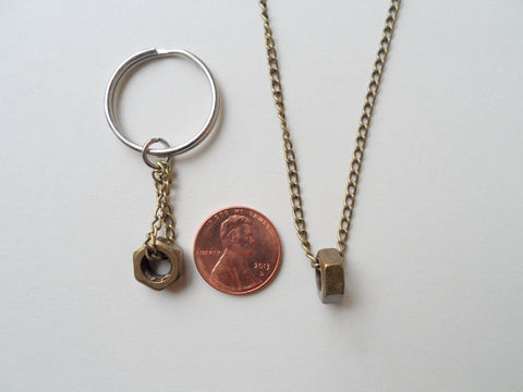 Industrial Rustic Hex Nut Keychain & Necklace set