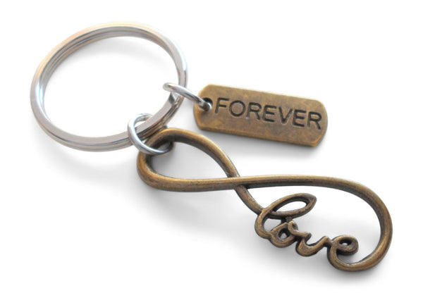 Bronze Infinity Love Charm Keychain with Forever Tag, Couples Keychain