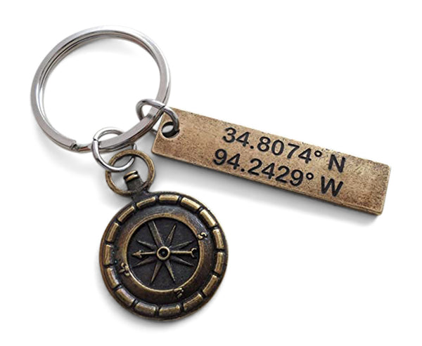 Personalized Bronze Tag Keychain Custom Engraved with Compass Charm by Jewelry Everyday