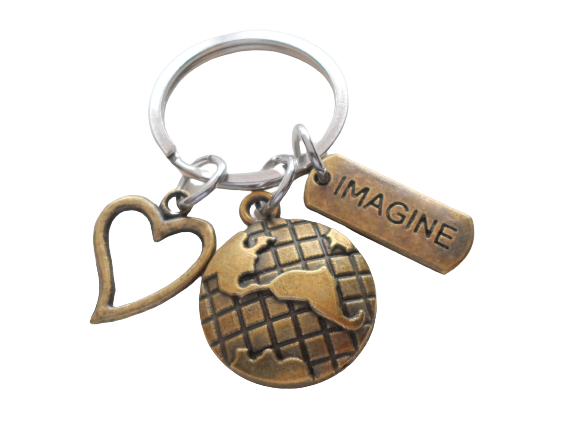 Bronze World Globe Charm Keychain with Heart & Imagine Tag, Volunteer or Community Service Keychain