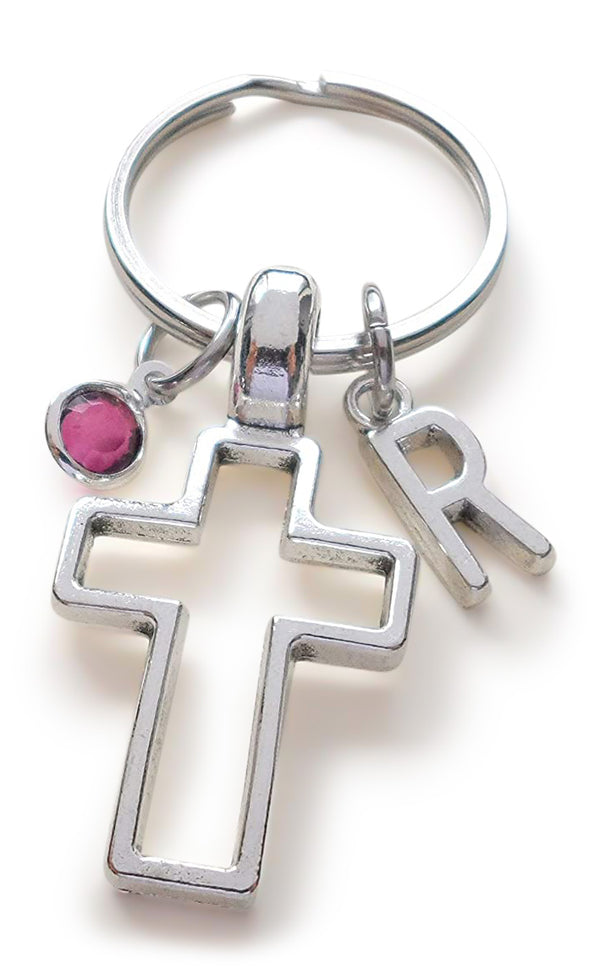 Small Cross Keychain, Religious Keychain, Personalized Letter or Birthstone Charm