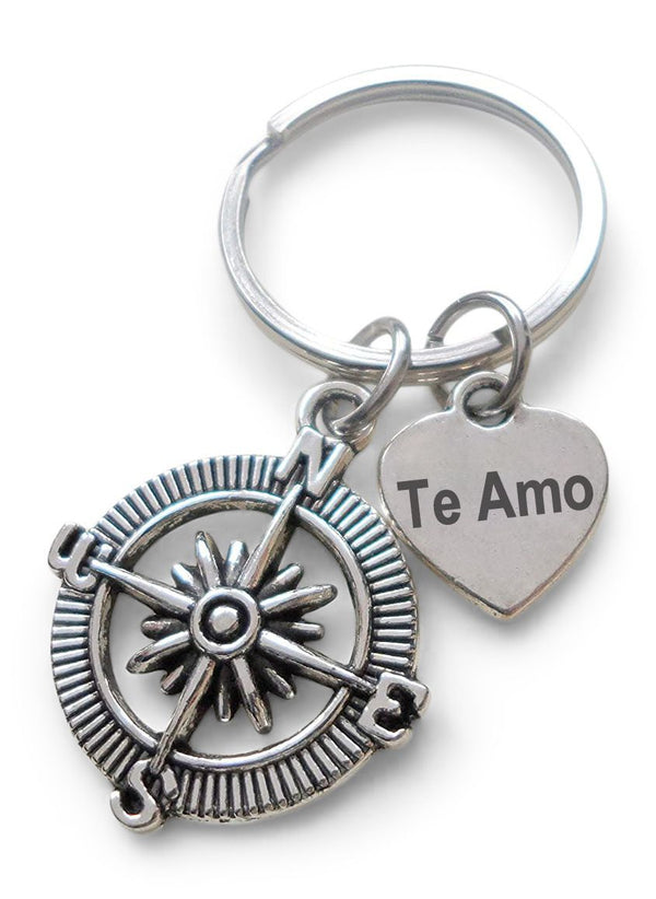 Compass Charm Keychain with Heart Tag Engraved "Te Amo" (I Love You) in Spanish, Couples Keychain