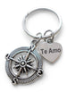 Compass Charm Keychain with Heart Tag Engraved "Te Amo" (I Love You) in Spanish, Couples Keychain