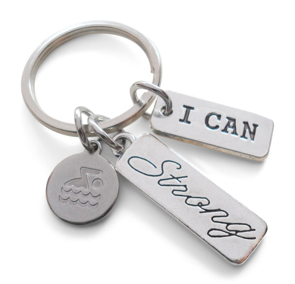 Swimmer Charm, Strong Tag, and I Can Tag Charm Keychain, Swim Keychain, Swimming Fitness Encouragement Keychain