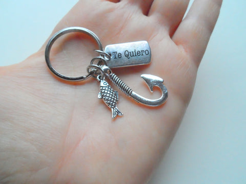 Hook and Fish Charm Keychain with Tag Engraved "Te Quiero" (I Love You) in Spanish, Couples Keychain