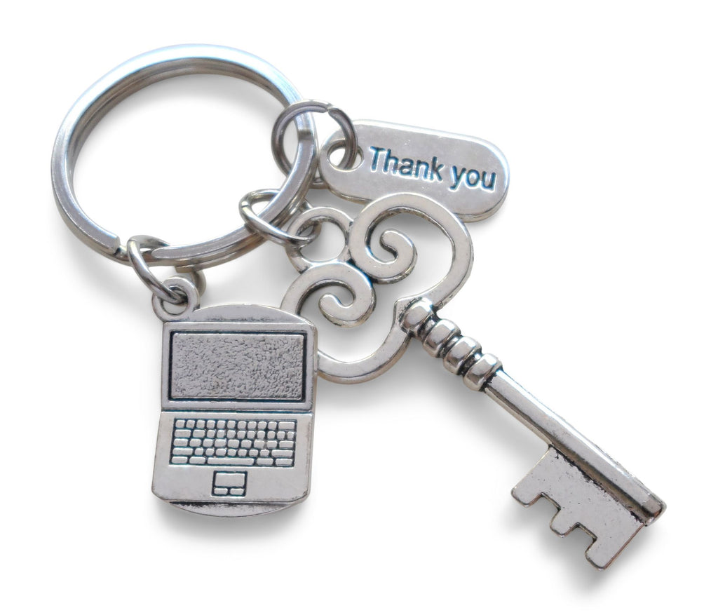 Key & Laptop Charm Keychain with Thank You Charm, Employee Keychain, Telework, Remote Work Staff, Secretary, Receptionist, Office Staff, or IT Keychain