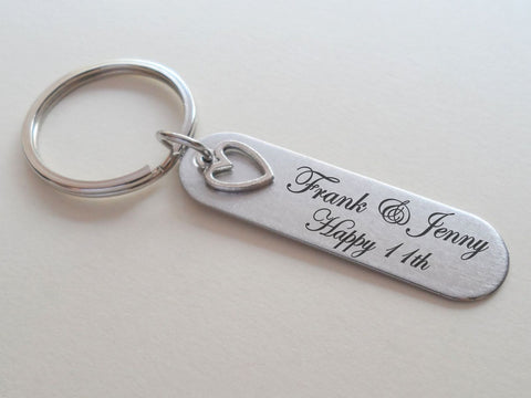 Custom Engraved Stainless Steel Tag Keychain with Heart Charm for Couples 11 Year Anniversary Gift Keychain, Add Backside Engraving