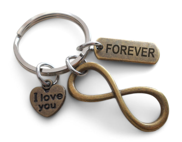 Bronze Infinity Charm Keychain with I Love You Heart Charm & Forever Tag, Couples Keychain