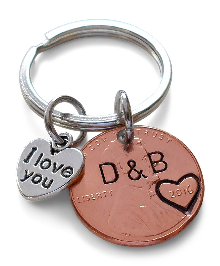 Anniversary Gift • Personalized Penny Keychain Stamped w/ Heart Around the Year & Initials w/ Anniversary Date & "I Love You" Heart Charm