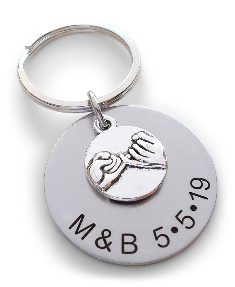 Personalized Pinky Promise Charm Keychain With Engraved Steel Disc Charm; Couple Keychain, Promise Gift