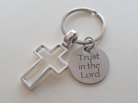 Small Cross Keychain with Disc Engraved "Trust in the Lord", Religious Christian Keychain