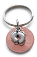 Baby Feet Charm Layered Over Penny Keychain Mother's Keychain, Father's Keychain, Select Penny Year