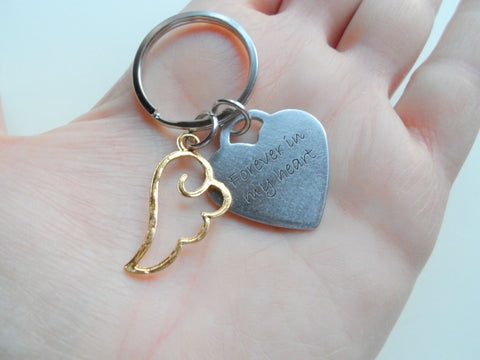 Heart Shaped Forever in My Heart Keychain with Golden Wing Charm, Passing Away Loss Memorial Keychain